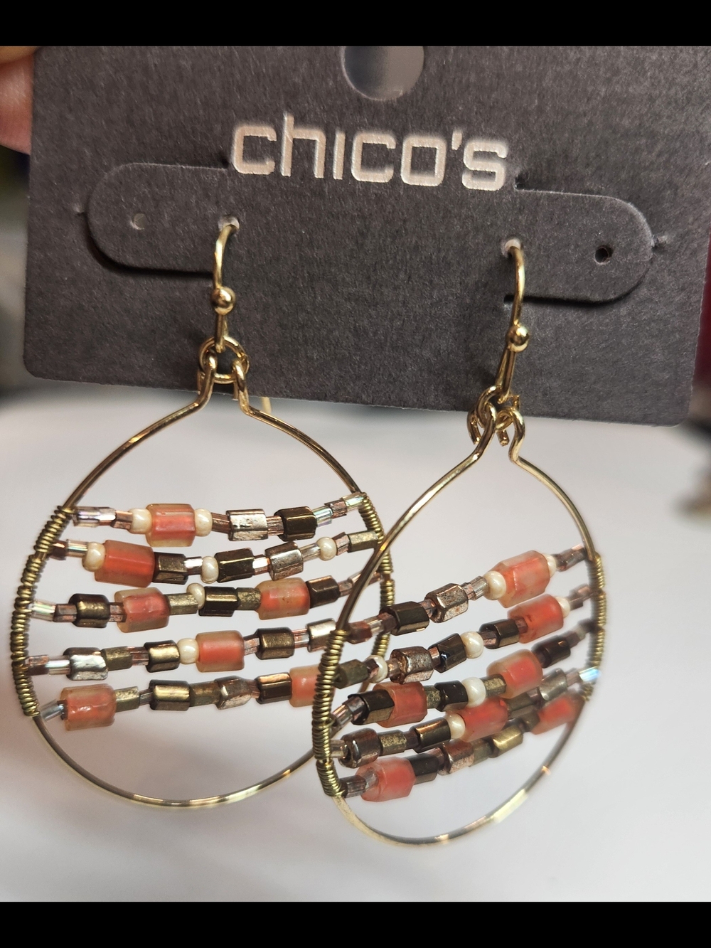 Chico's Gold Hoop Earrings with Coral and Metallic Beads